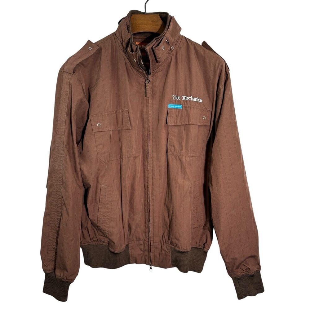 Live Mechanics VTG Moto Jacket Well Established Brown Striped Windbreaker 2XL